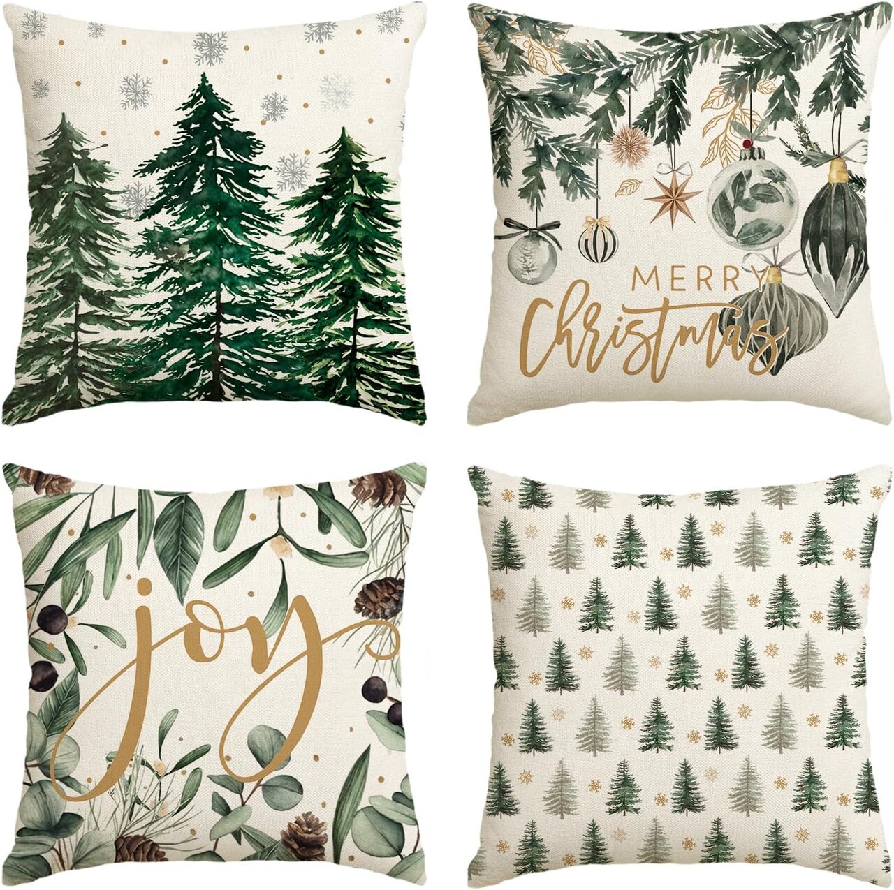 Merry Christmas Trees & Snowflake Throw Pillow Covers, 18x18 Inch Joy Xmas Balls Winter Holiday Cushion Cases for Sofa & Couch, Set of 4